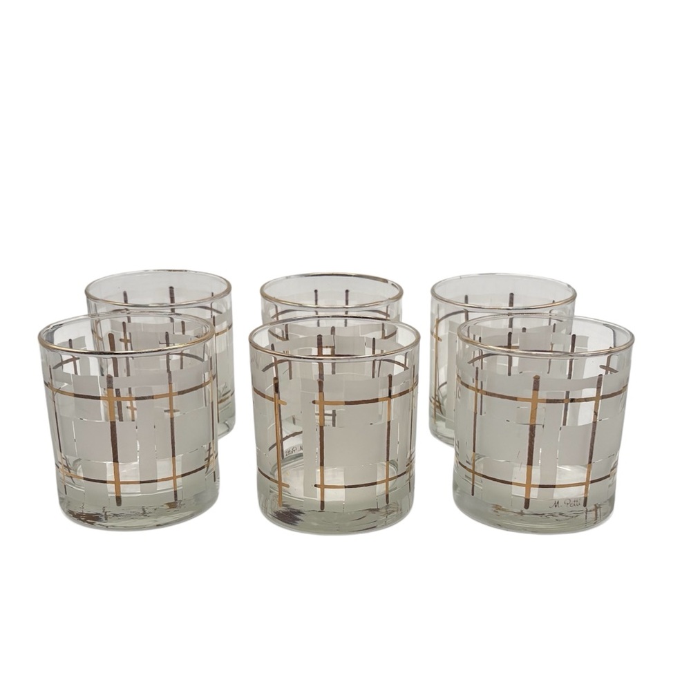 Vtg Libbey M. Petti Gold and Frost White Geometric Tumblers Set of 6 MCM 3 1/2"